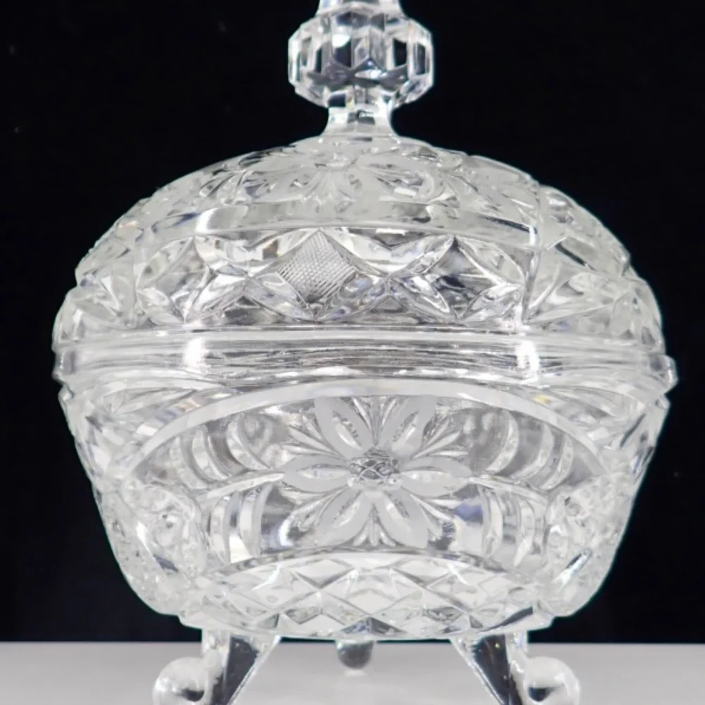 Cut Crystal Lidded Compote Candy Dish Three Footed 2 pc Floral Cut Bowl Vtg 60's